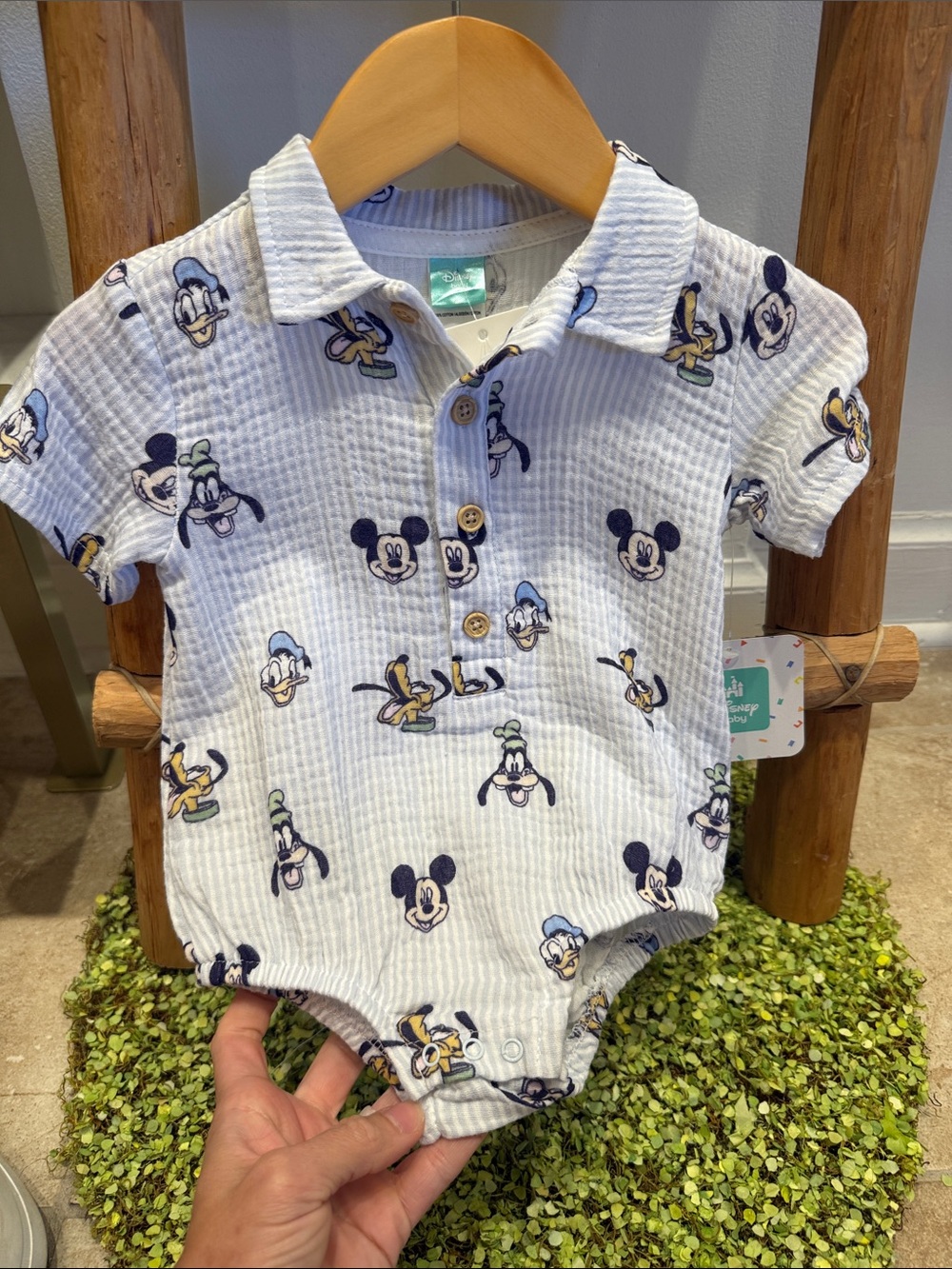 Precious Breathable Linen Disney Short Sleeve Polo Onesie w/ Mickey & Friends